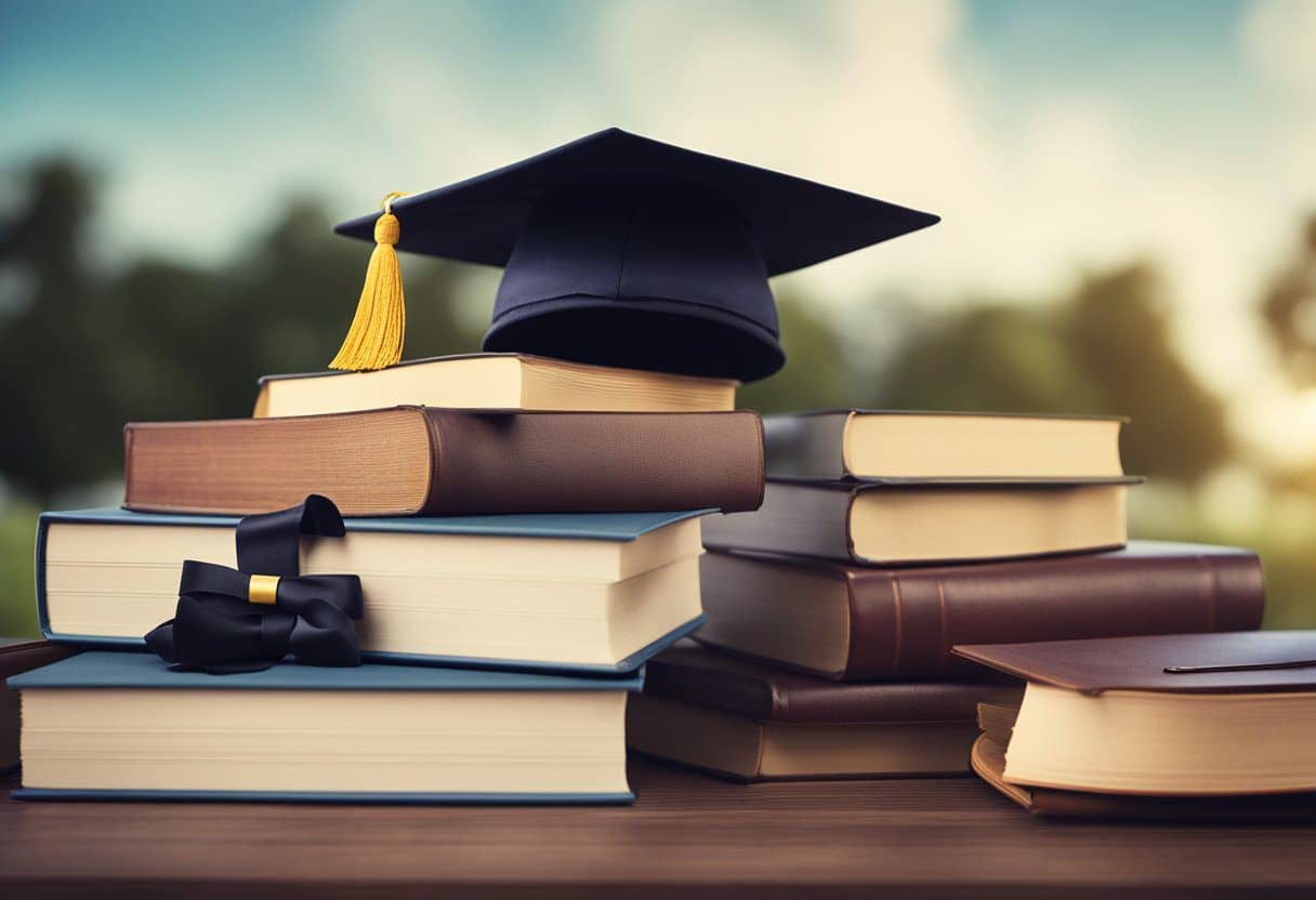 A graduation cap resting on a stack of books, with a diploma and academic certificates nearby