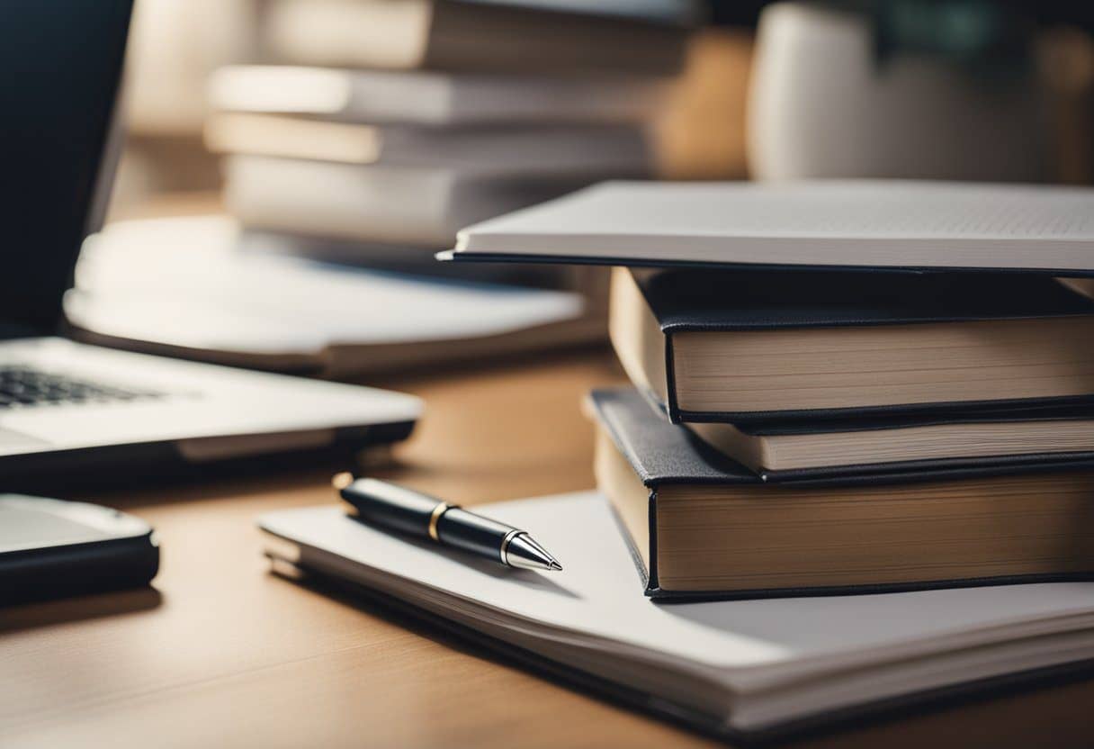 A stack of books and a laptop on a desk with a pen and paper nearby